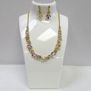 Gold Rhinestone Iridescent Necklace & Earrings Set Bridal Wedding Evening